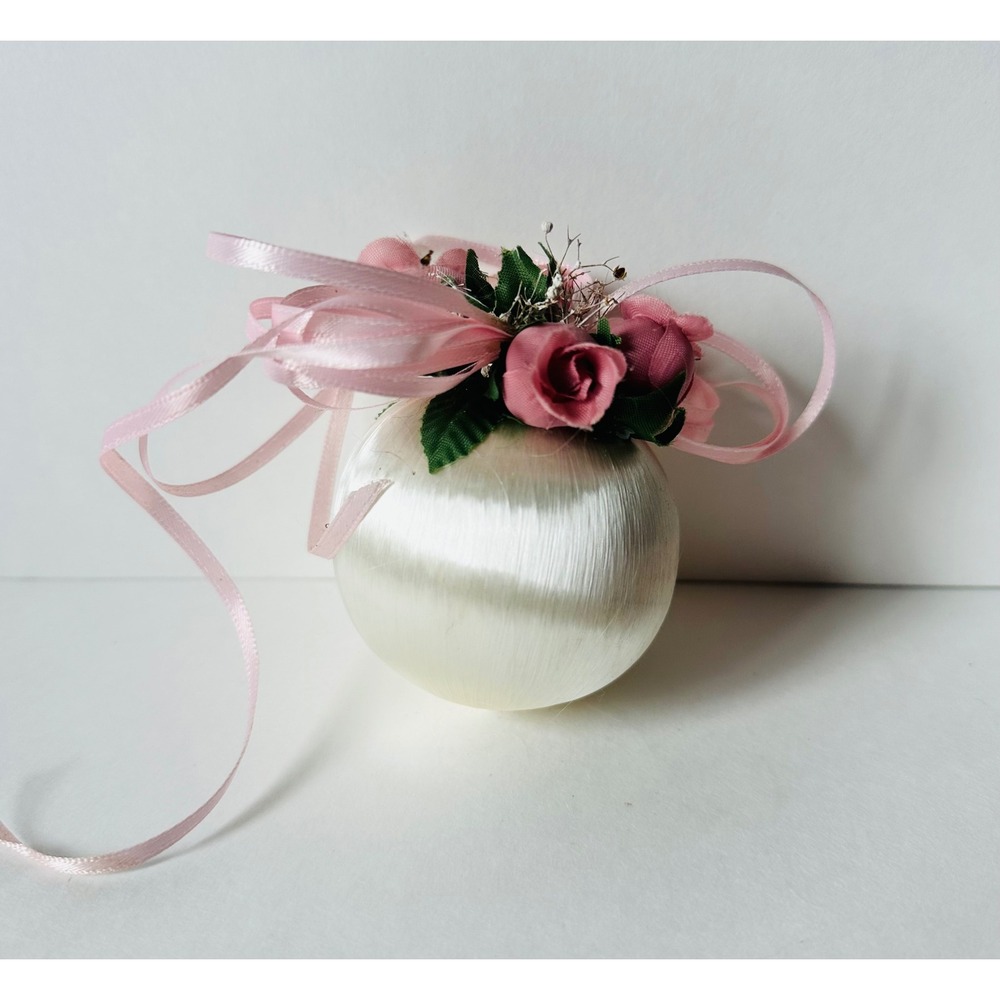 Vintage Satin Sheen Christmas Ornament Pink Fabric Roses Ribbons Cream Bauble
